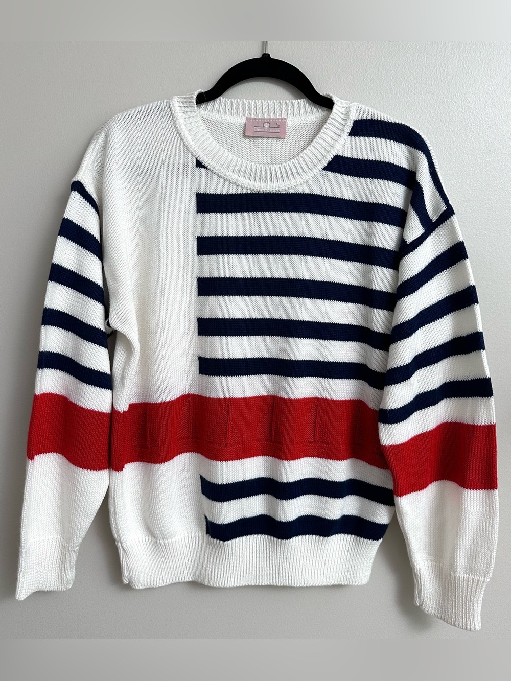 Classic Directions Nautical Striped Sweater Red White Navy Preppy Coastal L/XL